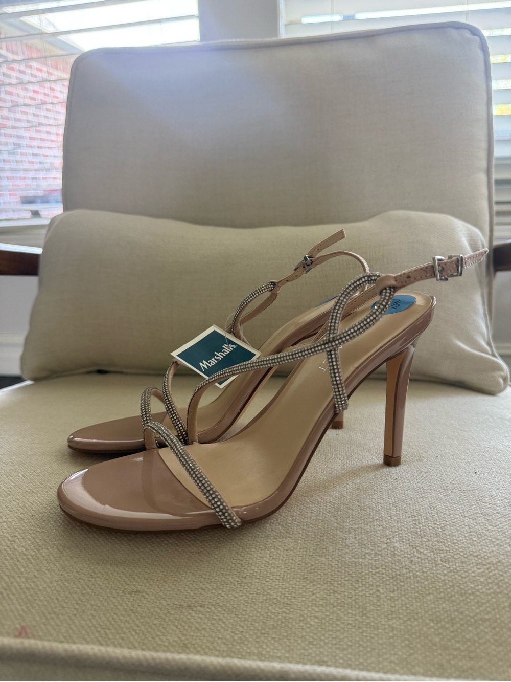 Nine West Nude Strappy Rhinestone Slingback Heels